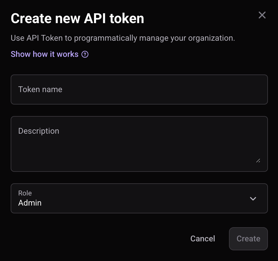 Crearea unui nou dialog token API în setările organizației Qovery
