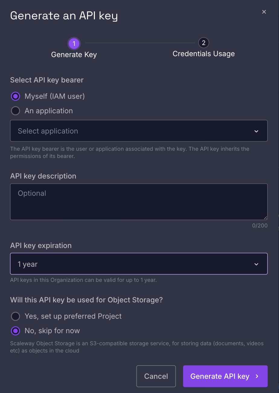 Generarea unei chei API în consola Scaleway