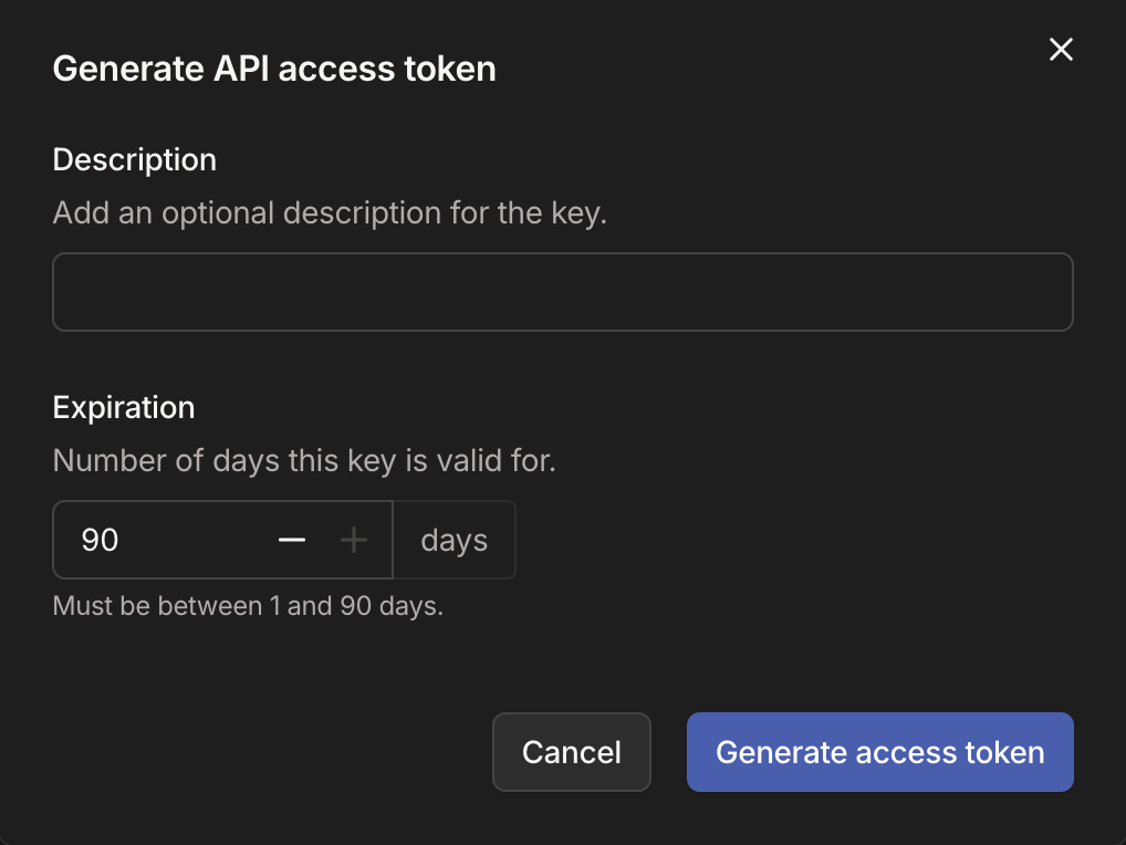 Generarea dialogului token de acces API în consola de administrare Tailscale