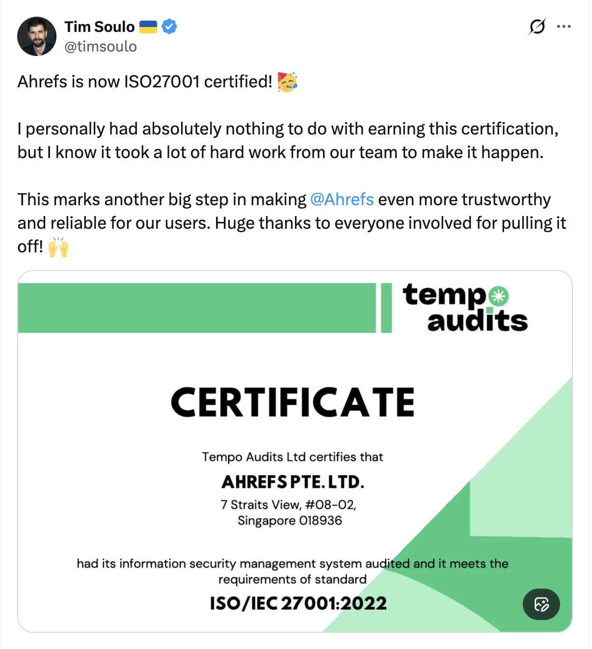 Ahrefs public ISO 27001 announcement